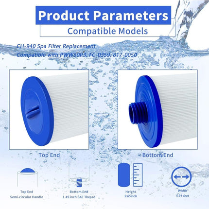 2-Pack CH-940 Spa Filter Replacement, Compatible with Multiple Hot Tub/Spa Models, 1 1/2\.