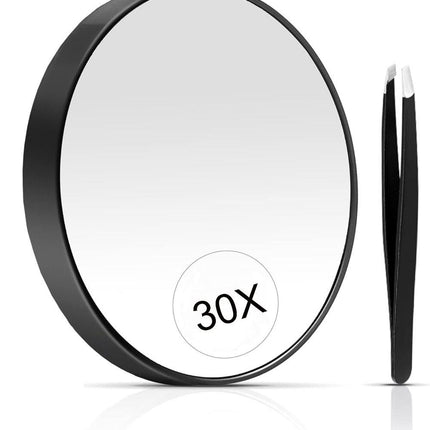 20X/30X Magnification Makeup Mirror with Tweezers, Black, 30X.