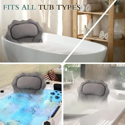 6-Pack Ergonomic Bathtub Pillow with 6 Strong Suction Cups, Support for Head Neck Shoulders & Back, 4D Design, Gray.