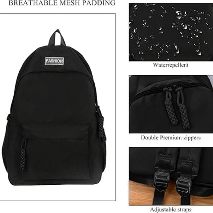 Waterproof School Backpack for Travel, Unisex Solid Color, Black.