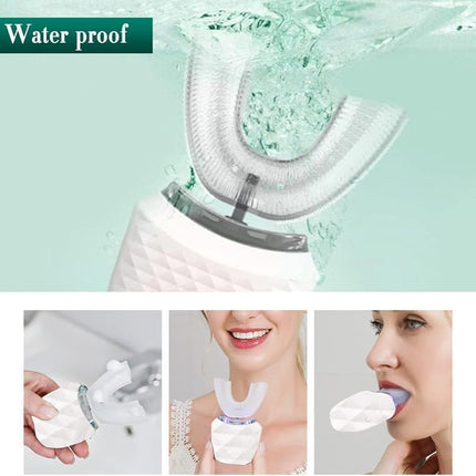 360° U-Shaped Electric Toothbrush, 3 Cleaning Modes, IPX7 Waterproof, Automatic Ultrasonic Tooth Cleaner, Compatible with Oral-B, White.
