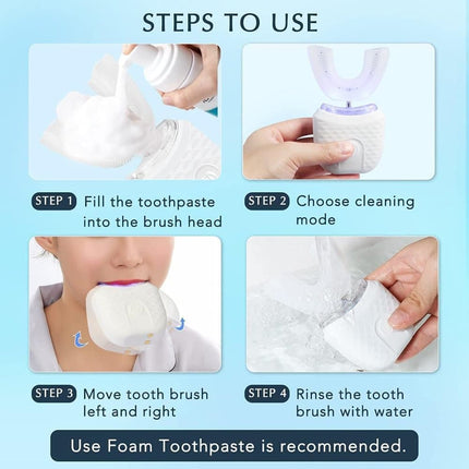 360° U-Shaped Electric Toothbrush with 3 Cleaning Modes, IPX7 Waterproof, Automatic Ultrasonic Tooth Cleaner, Compatible with Oral-B, Blue.
