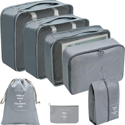 7-Piece Gray Suitcase Organizer for Travel Bags.