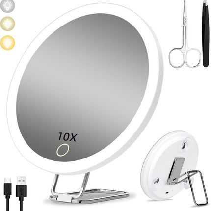 10X LED makeup mirror with lighting, 360° rotatable dimmable with 3 light modes and magnification, suction cup, White.