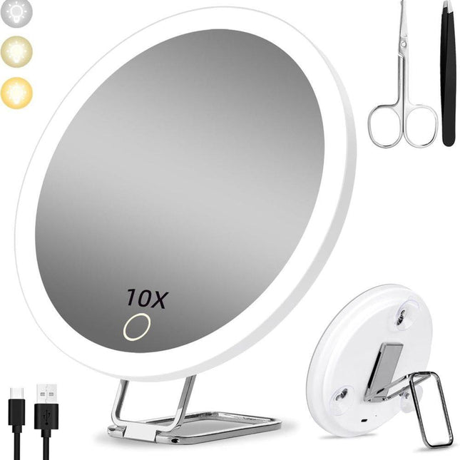 10X LED makeup mirror with lighting, 360° rotatable dimmable with 3 light modes and magnification, suction cup, White.