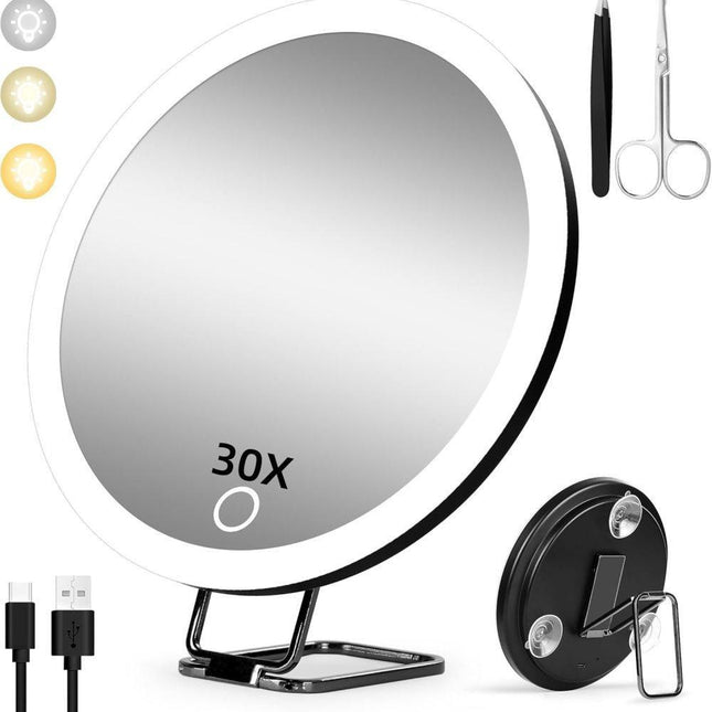 LED Makeup Mirror with Lighting 360° Rotatable Dimmable 3 Light Modes Magnification Suction Cup, Black, 30X.