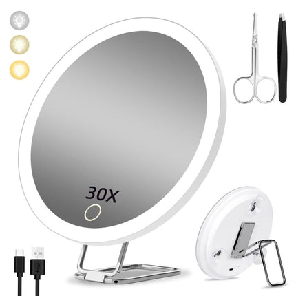 30X LED Makeup Mirror with Lighting, 360° Rotatable Dimmable 3 Light Modes Magnification Suction Cup, White.