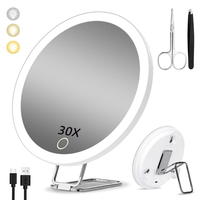 30X LED Makeup Mirror with Lighting, 360° Rotatable Dimmable 3 Light Modes Magnification Suction Cup, White.
