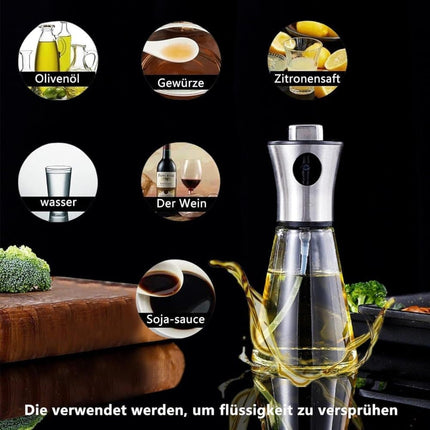 Stainless Steel and Glass Oil Spray Bottle 200 ml, Conical Design for Cooking Grilling Baking.