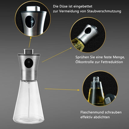 Stainless Steel and Glass Oil Spray Bottle 200 ml, Conical Design for Cooking Grilling Baking.