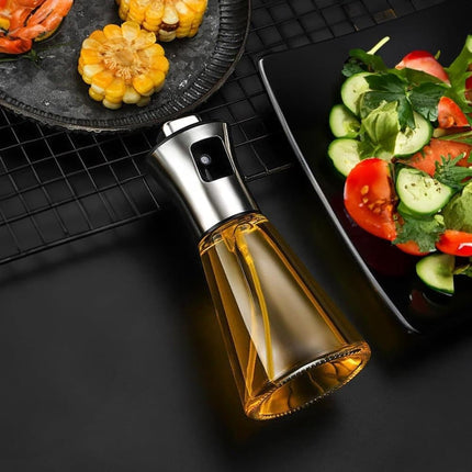 Stainless Steel and Glass Oil Spray Bottle 200 ml, Conical Design for Cooking Grilling Baking.