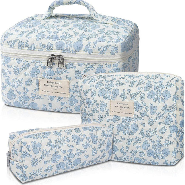 3 Cosmetic Bags Floral Lightweight Toiletry Bag for Women, Blue.