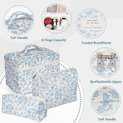 3 Cosmetic Bags Floral Lightweight Toiletry Bag for Women, Blue.