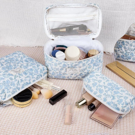 3 Cosmetic Bags Floral Lightweight Toiletry Bag for Women, Blue.