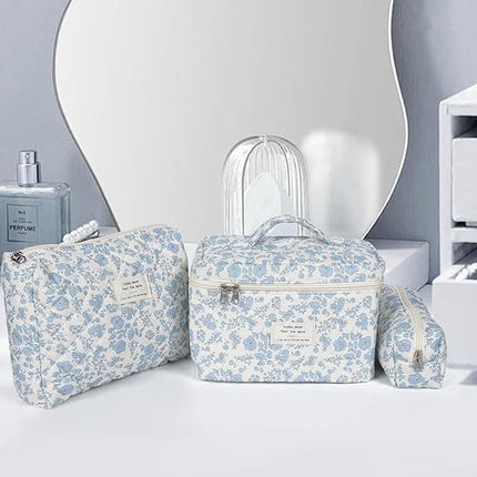 3 Cosmetic Bags Floral Lightweight Toiletry Bag for Women, Blue.
