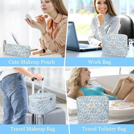 3 Cosmetic Bags Floral Lightweight Toiletry Bag for Women, Blue.