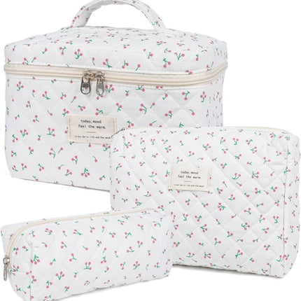3 Cosmetic Bags Floral Lightweight Toiletry Bag for Women, White, Set of 3.