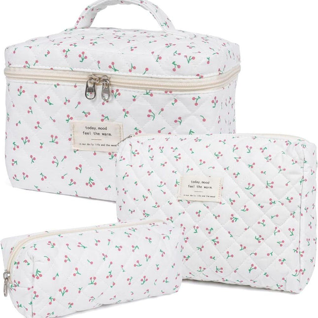 3 Cosmetic Bags Floral Lightweight Toiletry Bag for Women, White, Set of 3.