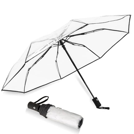 9 Fiberglass Ribs Automatic Folding Transparent Umbrella, Waterproof Lightweight Travel Rain, Black.