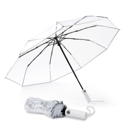 Automatic Folding Transparent Umbrella with 9 Fiberglass Ribs, Waterproof Lightweight Travel Rain Umbrella, White.