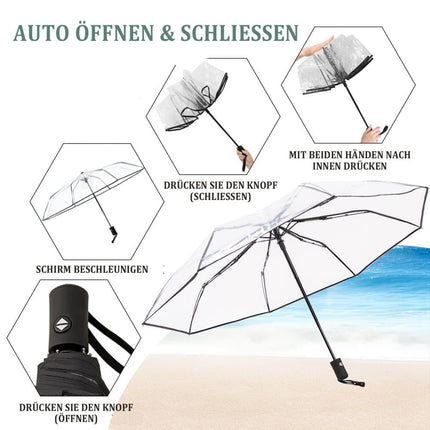 Automatic Folding Transparent Umbrella with 9 Fiberglass Ribs, Waterproof Lightweight Travel Rain Umbrella, White.