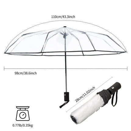 Automatic Folding Transparent Umbrella with 9 Fiberglass Ribs, Waterproof Lightweight Travel Rain Umbrella, White.