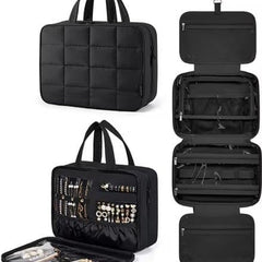 1 Piece Hanging Travel Makeup Bag with Jewelry Compartment for Women, 28×12×20 cm, Black.