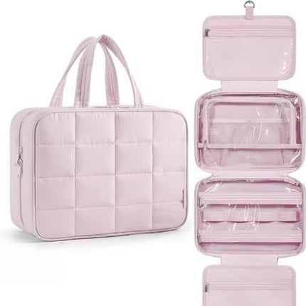 Hanging Travel Makeup Bag for Women with Jewelry Compartment, 31x12x23 cm, Pink.