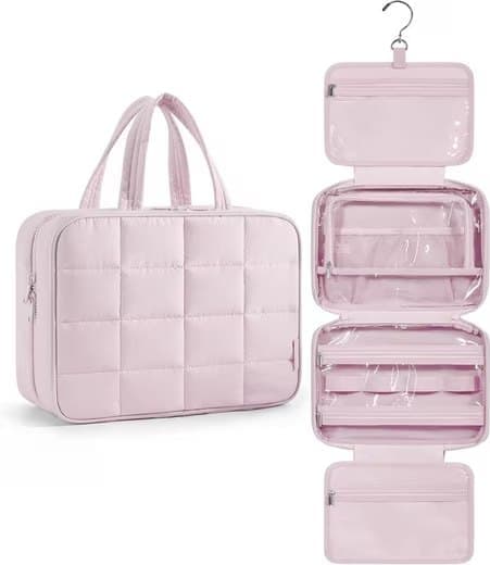 Hanging Travel Makeup Bag for Women with Jewelry Compartment, 31x12x23 cm, Pink.