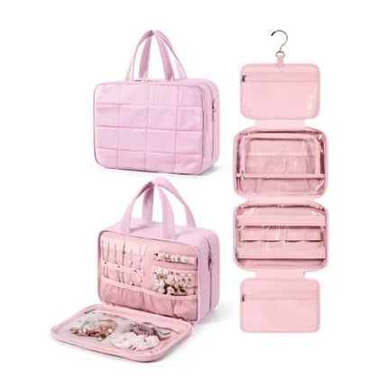 Hanging Travel Makeup Bag for Women with Jewelry Compartment, 31x12x23 cm, Pink.