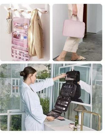 Hanging Travel Makeup Bag for Women with Jewelry Compartment, 31x12x23 cm, Pink.