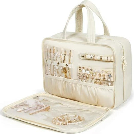 Hanging Travel Makeup Bag for Women with Jewelry Compartment, 28×12×20 cm, Beige.