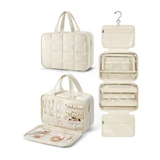 Hanging Travel Makeup Bag for Women with Jewelry Compartment, 28×12×20 cm, Beige.