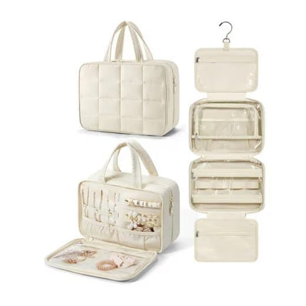 Travel Makeup Bag with Jewelry Compartment, Hanging Toiletry Organizer for Women, 31×12×23 cm, Beige.