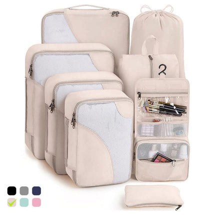 8-Piece Beige Suitcase Organizer Set with Durable Packing Cubes and Clothing Shoe Bags.