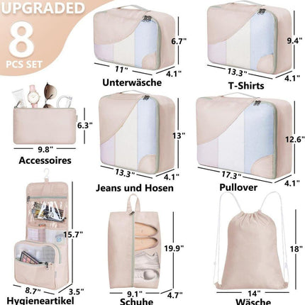 8-Piece Beige Suitcase Organizer Set with Durable Packing Cubes and Clothing Shoe Bags.