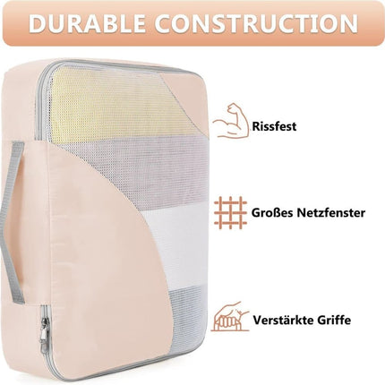 8-Piece Beige Suitcase Organizer Set with Durable Packing Cubes and Clothing Shoe Bags.