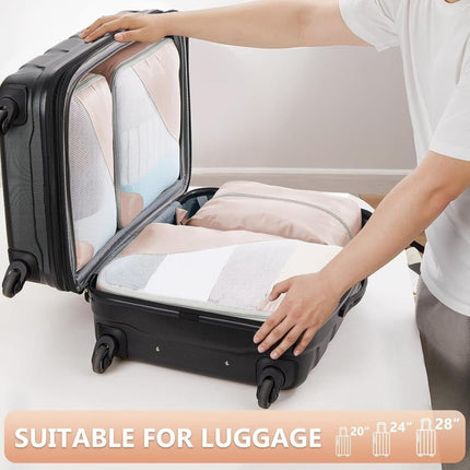 8-Piece Beige Suitcase Organizer Set with Durable Packing Cubes and Clothing Shoe Bags.