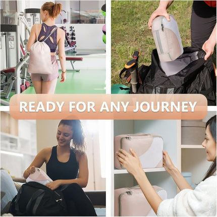8-Piece Beige Suitcase Organizer Set with Durable Packing Cubes and Clothing Shoe Bags.