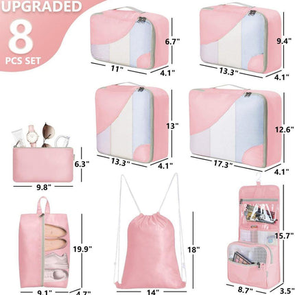 8-Piece Suitcase Organizer Set with Durable Packing Cubes and Clothing Shoe Bags, Pink.