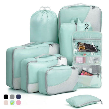8-Piece Light Green Suitcase Organizer Set with Durable Packing Cubes and Shoe Bags, 8-Piece.