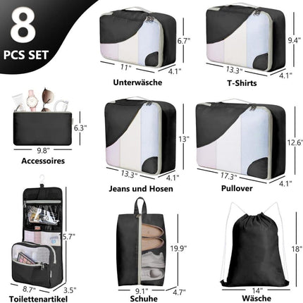 8-Piece Suitcase Organizer Set with Durable Packing Cubes and Clothing Shoe Bags, Black.