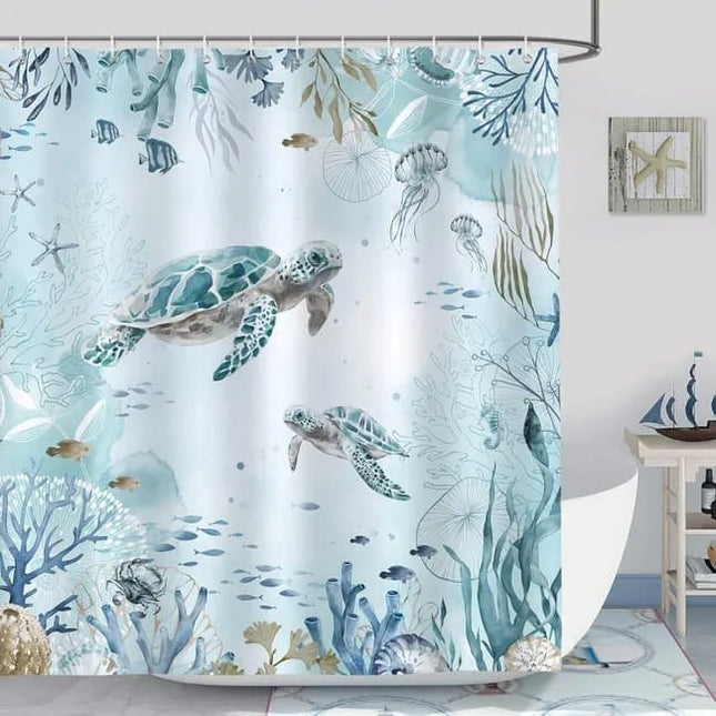 Waterproof Shower Curtain with Sea Turtle and Dolphin Motif, Mildew Resistant, Light Blue, 180x180cm.