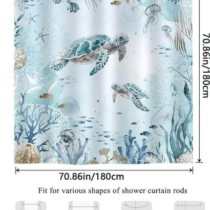 Waterproof Shower Curtain with Sea Turtle and Dolphin Motif, Mildew Resistant, Light Blue, 180x180cm.