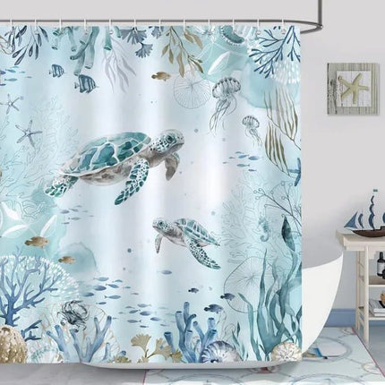Waterproof Shower Curtain with Sea Turtle and Dolphin Motif, Light Blue, Mildew Resistant, 180x200 cm.