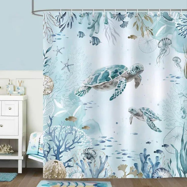 Waterproof Shower Curtain with Sea Turtle and Dolphin Motif, Light Blue, Mildew Resistant, 180x200 cm.
