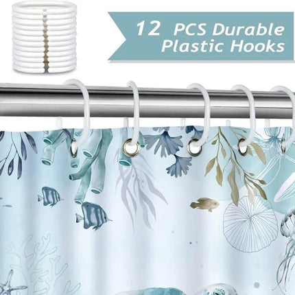 Waterproof Shower Curtain with Sea Turtle and Dolphin Motif, Light Blue, Mildew Resistant, 180x200 cm.