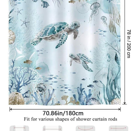 Waterproof Shower Curtain with Sea Turtle and Dolphin Motif, Light Blue, Mildew Resistant, 180x200 cm.