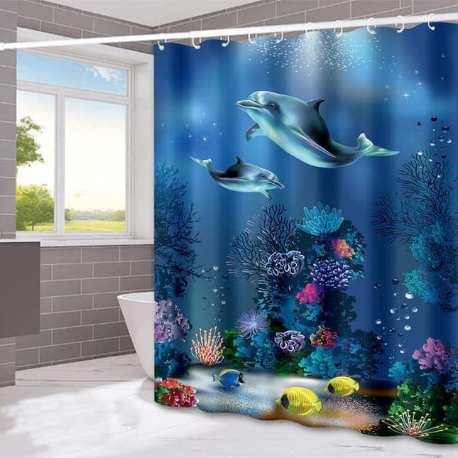Waterproof Shower Curtain with Sea Turtle and Dolphin Motif, 180x180 cm, Dark Blue, Mildew Resistant.