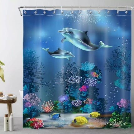 Waterproof Shower Curtain with Sea Turtle and Dolphin Motif, 180x180 cm, Dark Blue, Mildew Resistant.